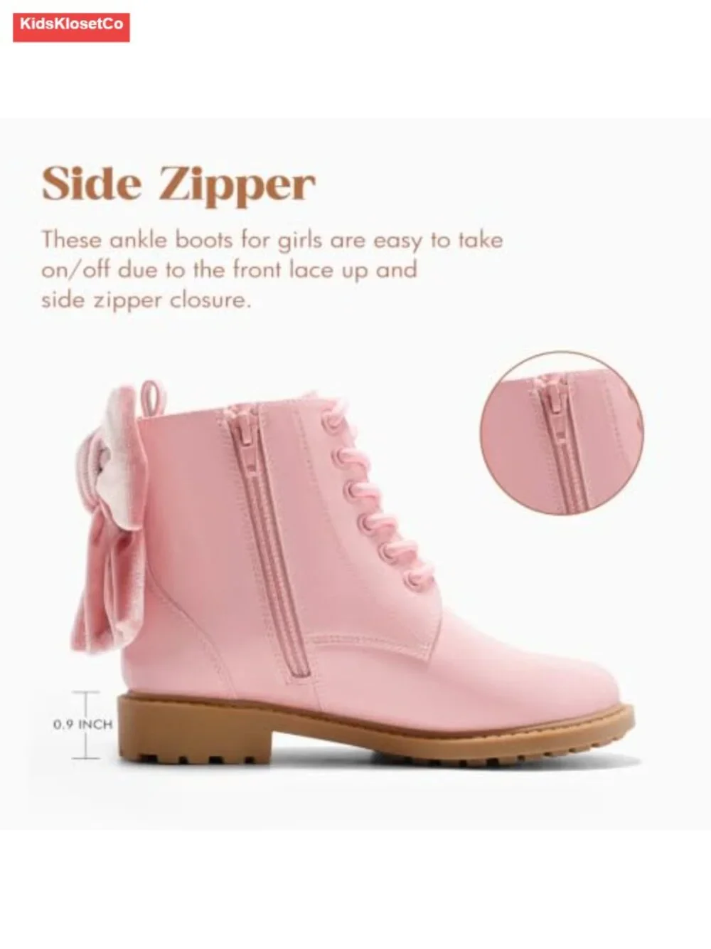 Girls Combat Ankle Boots Bow Lace Up Side Zipper Chunky Heel Faux Leather